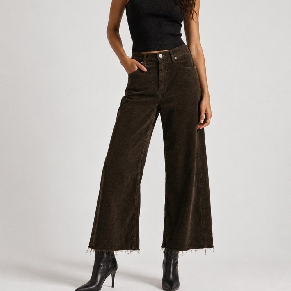 NEW Citizens of Humanity Lyra Corduroy Pants Womens 28 Green Wide Leg Raw Hem